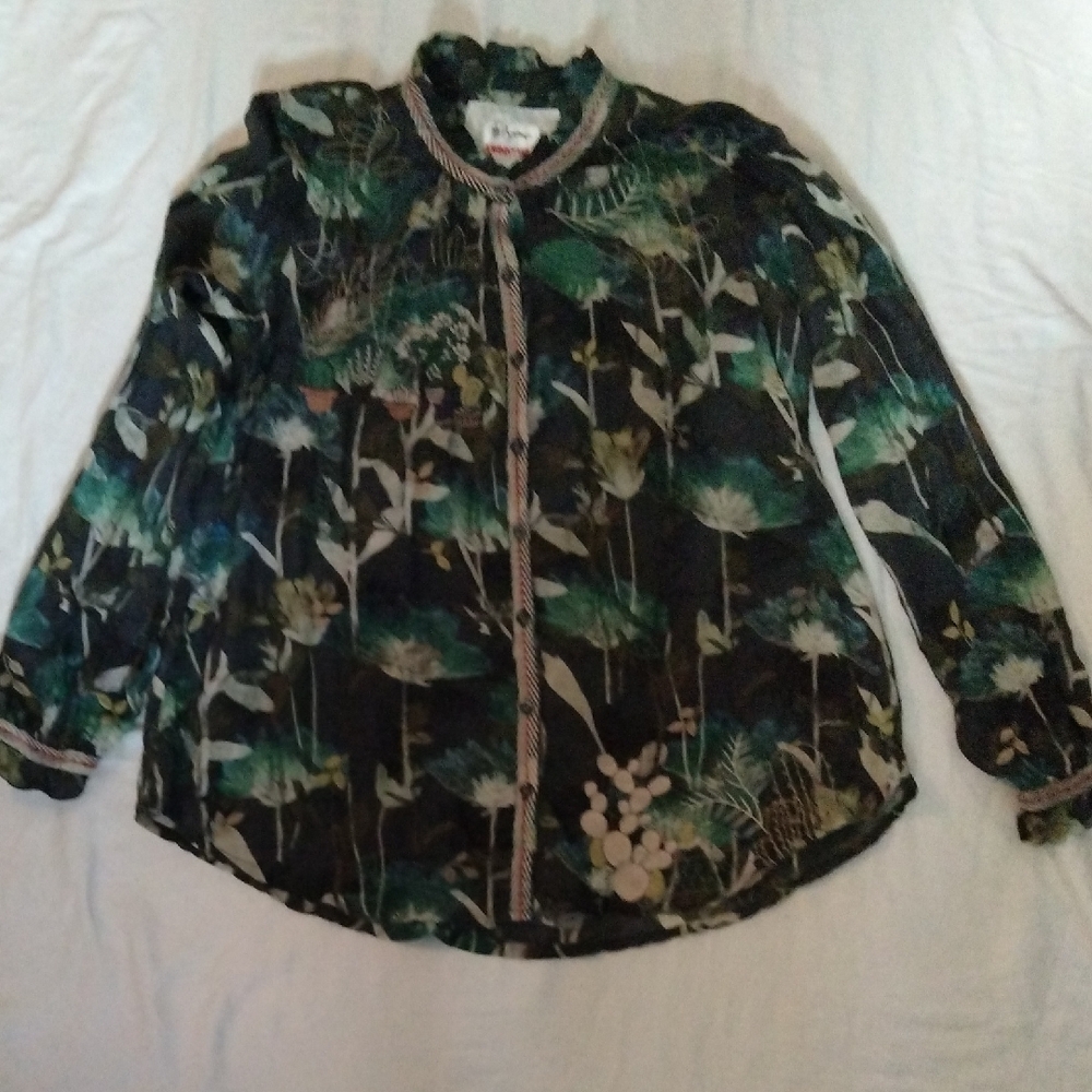 Johnny Was Green and White Blouse